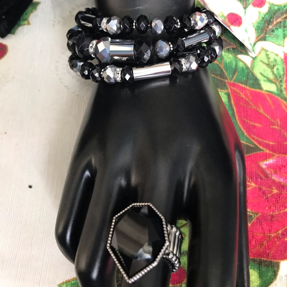 Black necklace set with earrings bracelet ring
